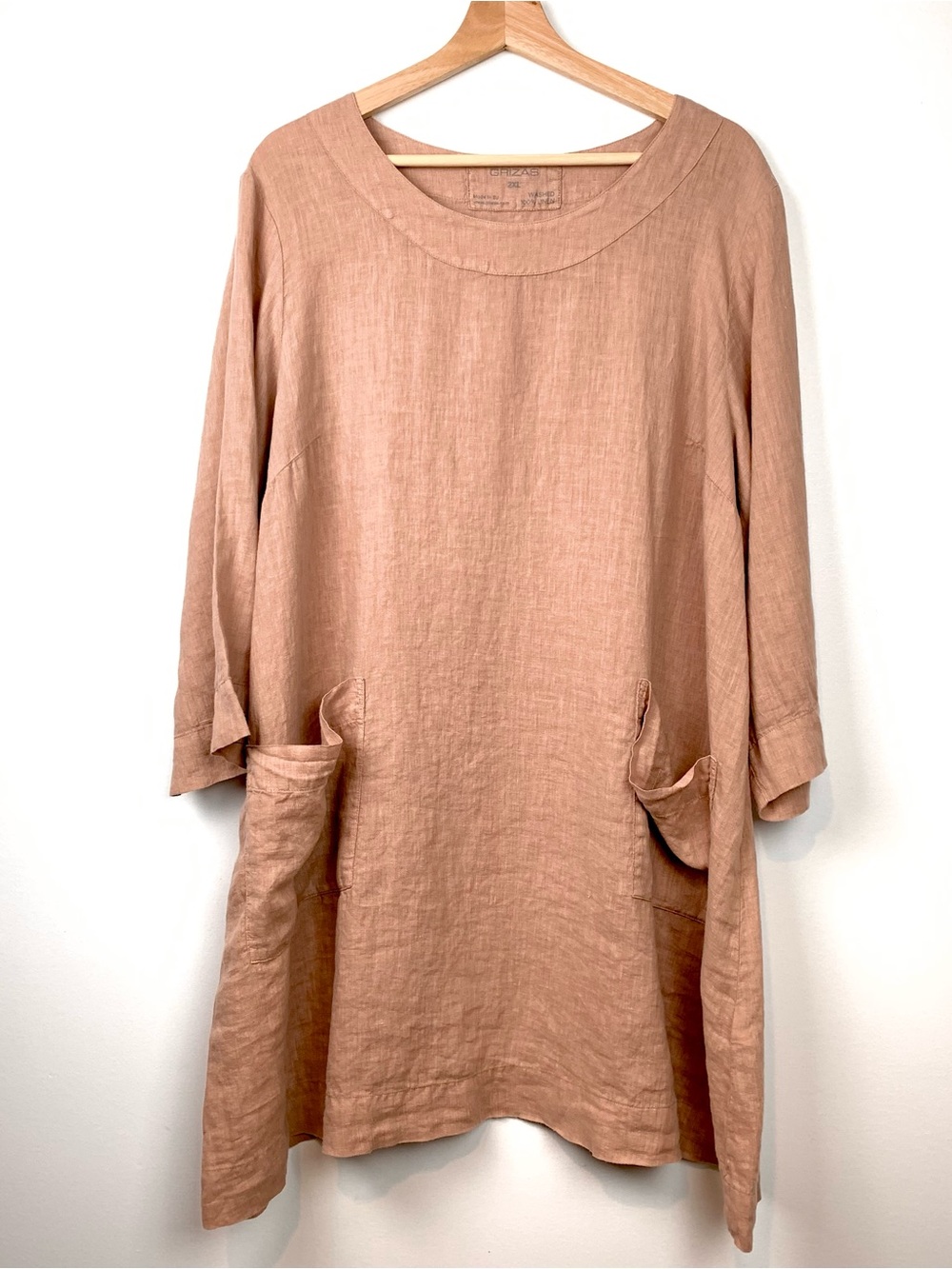 Grizas Dress Washed Linen Salmon Pink Sz 2XL Pockets Lagenlook Oversized